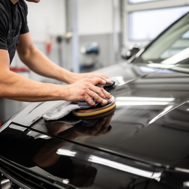 Detail technician polishing a black car hood inside a bright service bay