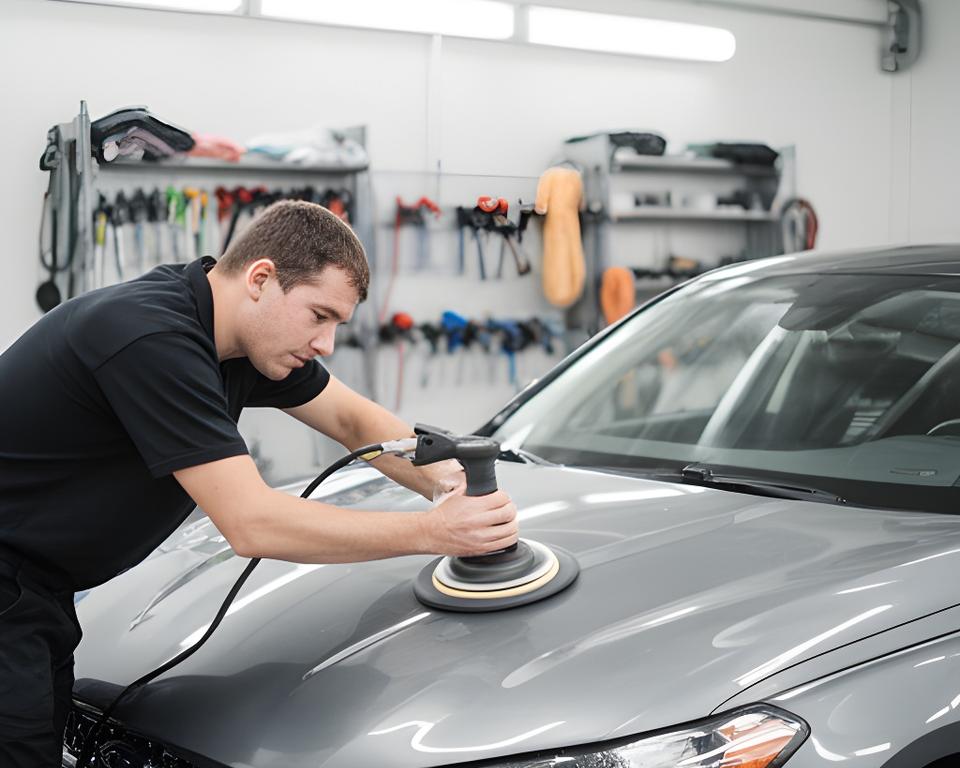 Detailing technician polishing a sedan inside a bright service bay with organised tools nearby