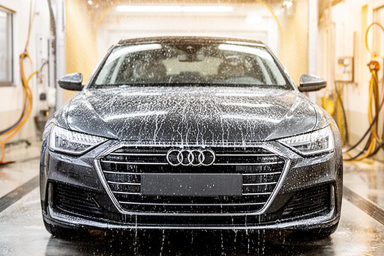 Shiny sedan in a professional car wash bay with bright lighting and fresh water beading on the paint