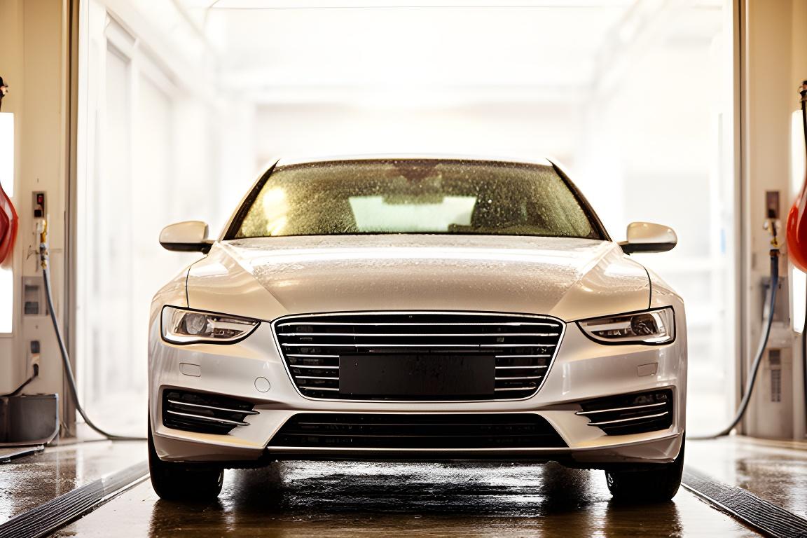 Freshly detailed sedan outside a bright New York car wash bay with water beads on the paint