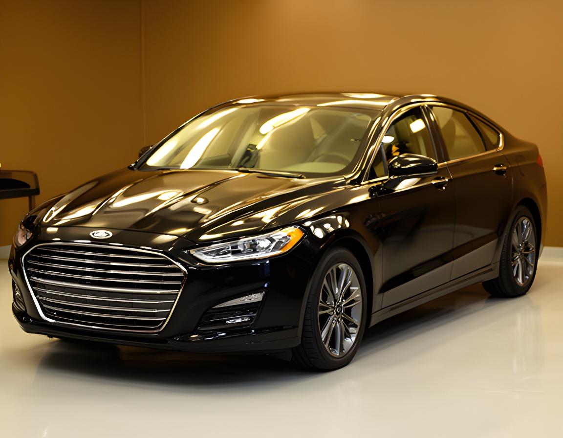 Shiny black sedan under bright studio lights after a full detailing service